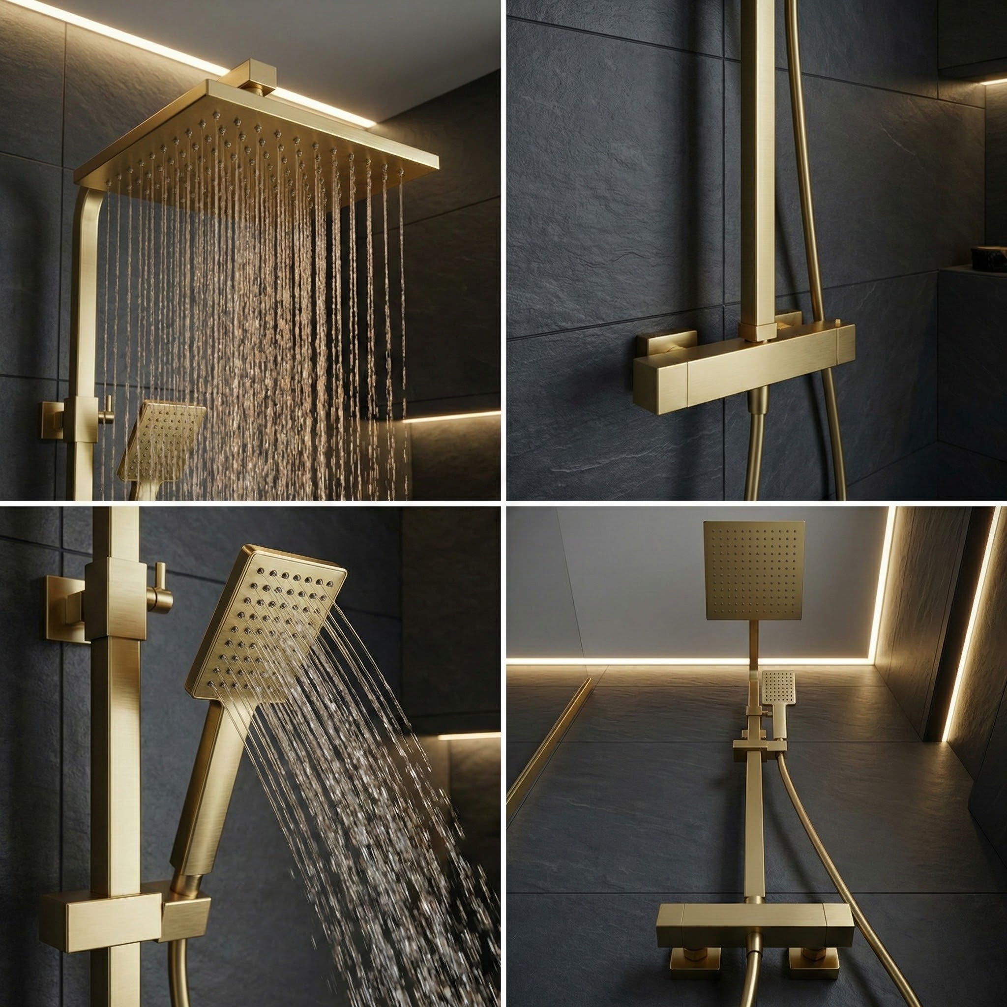 Bathroom Square Thermostatic Mixer Shower with Riser Rail, Shower Waste & Twin head - Brass