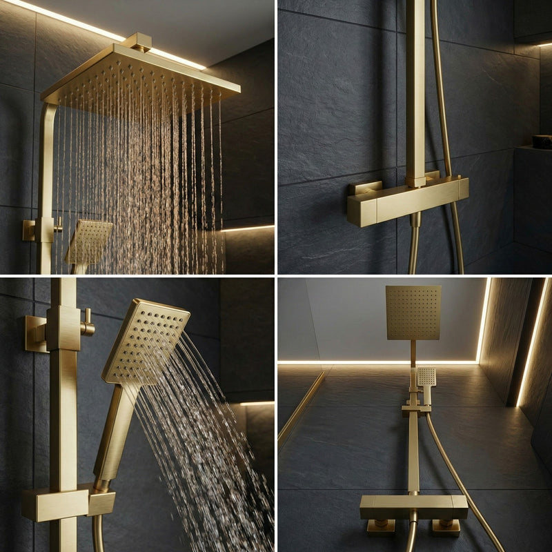 Bathroom Square Thermostatic Mixer Shower with Riser Rail, Shower Waste & Twin head - Brass