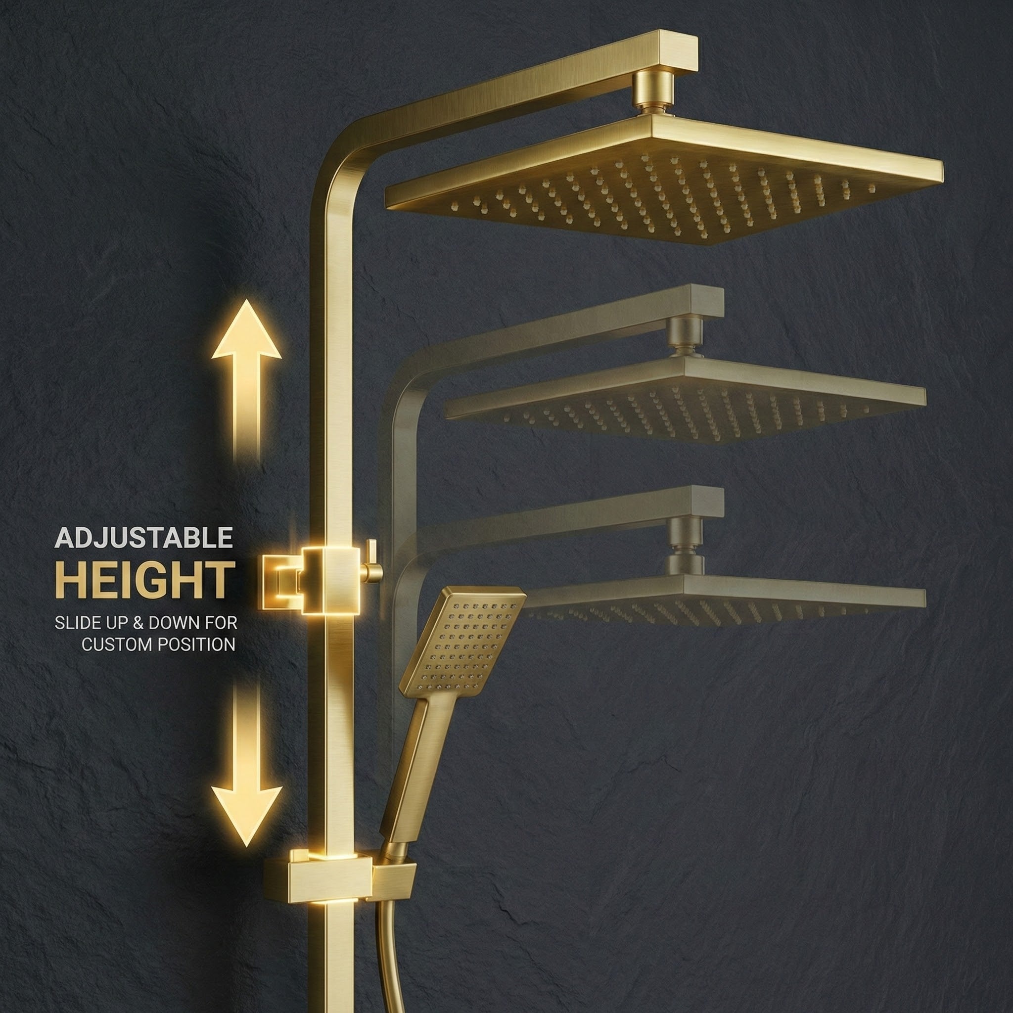 Bathroom Square Thermostatic Mixer Shower with Riser Rail, Shower Waste & Twin head - Brass