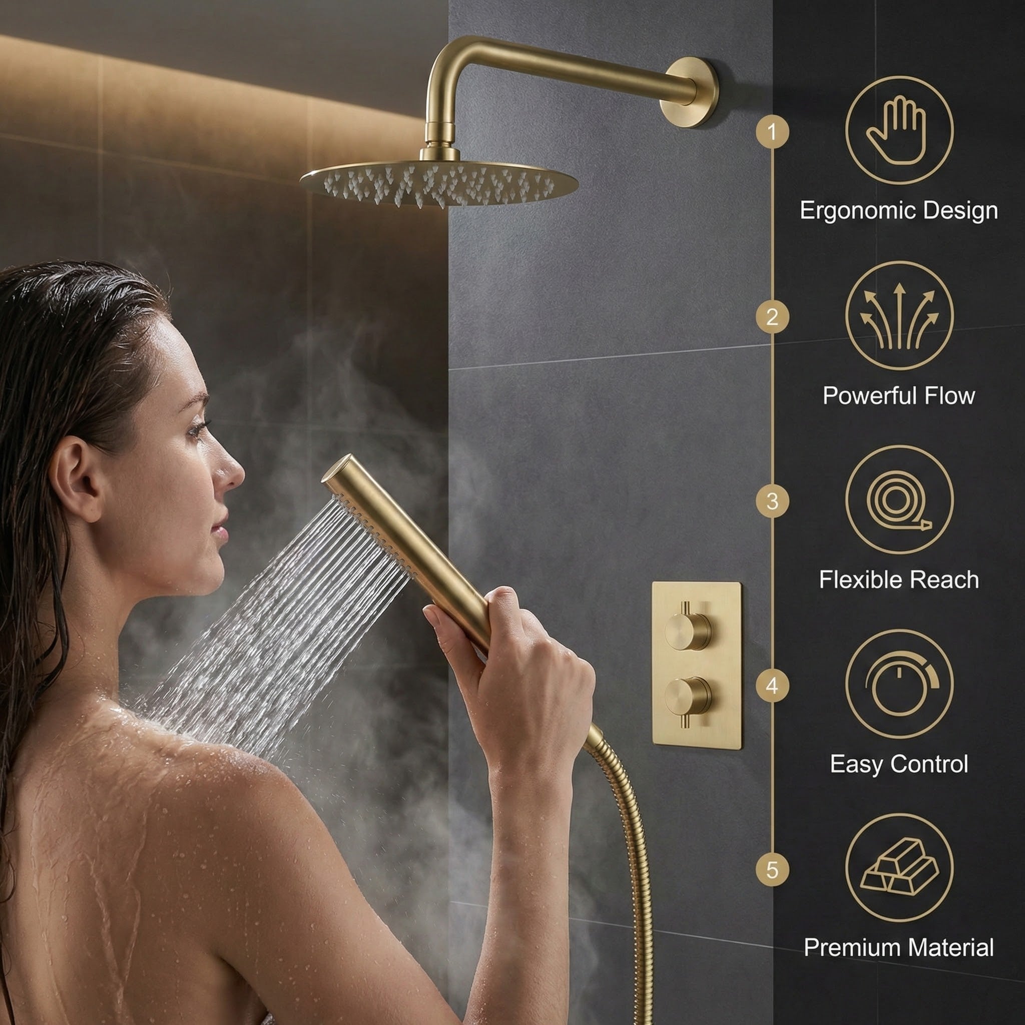 Round Concealed Thermostatic Shower Mixer 2 Dial Twin Head with Valve, Handset & Shower Waste – Brass