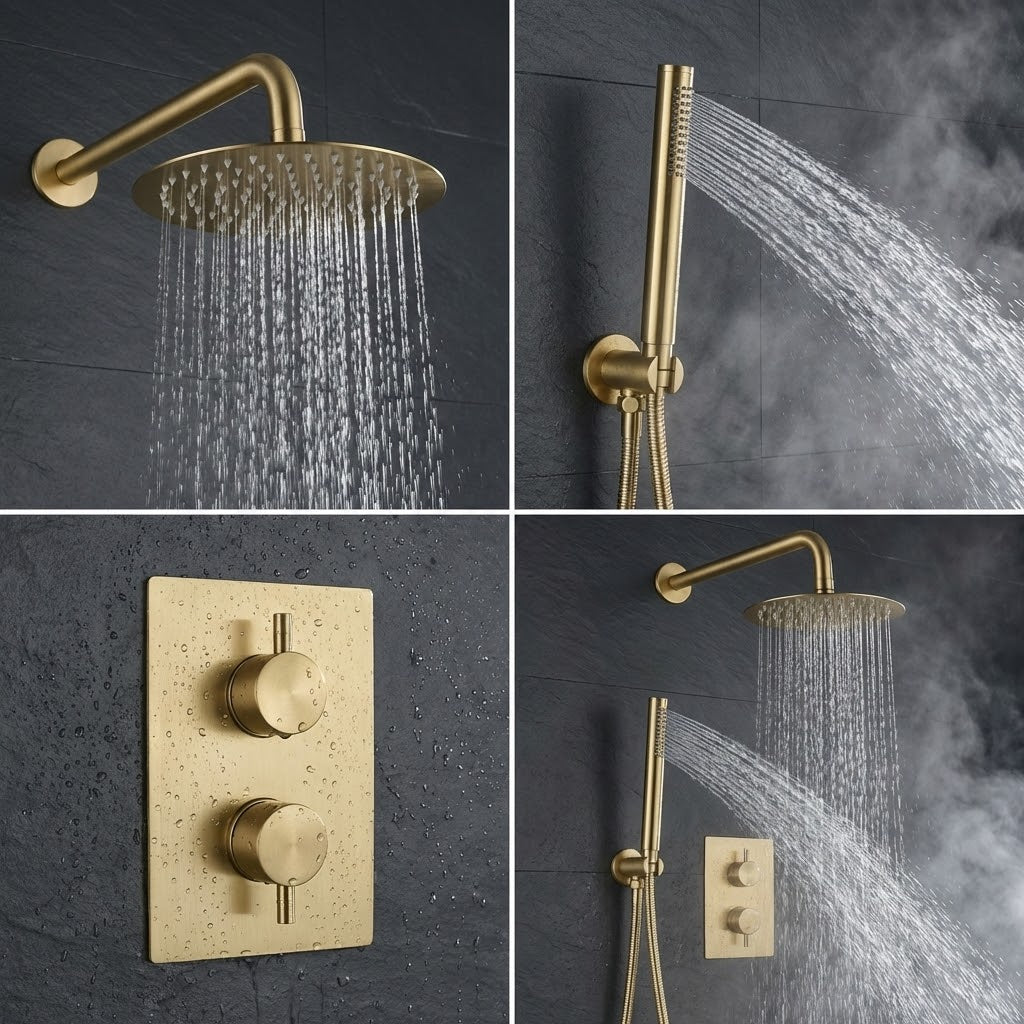 Round Concealed Thermostatic Shower Mixer 2 Dial Twin Head with Valve, Handset & Shower Waste – Brass