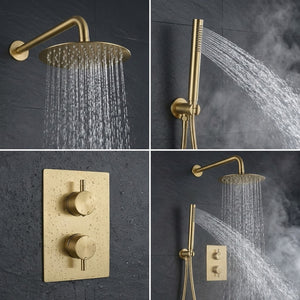 Round Concealed Thermostatic Shower Mixer 2 Dial Twin Head with Valve, Handset & Shower Waste – Brass