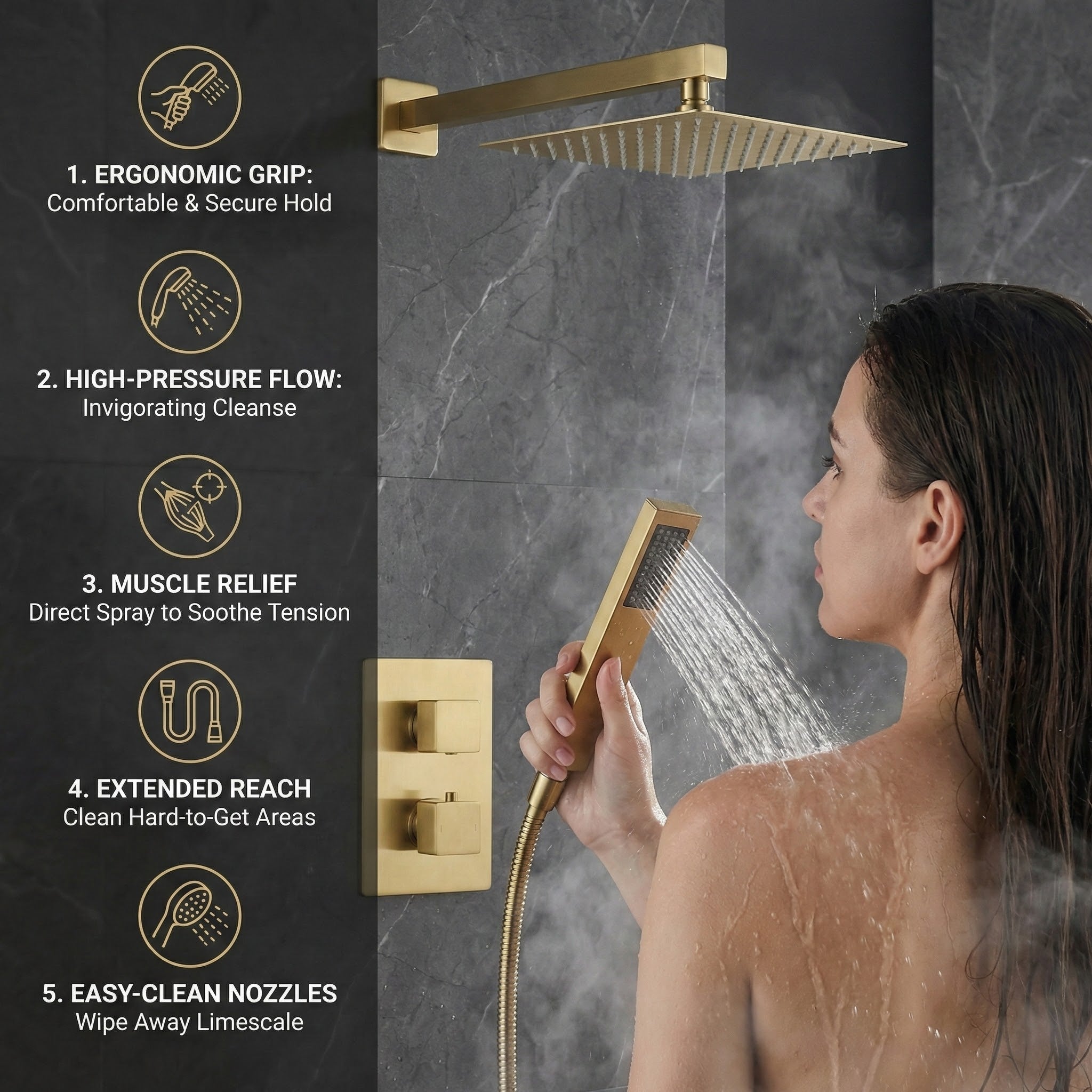 2-Way Square Concealed Thermostatic Mixer Shower Dual Dial, Twin Head – Brass