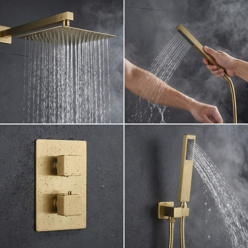 2-Way Square Concealed Thermostatic Mixer Shower Dual Dial, Twin Head – Brass