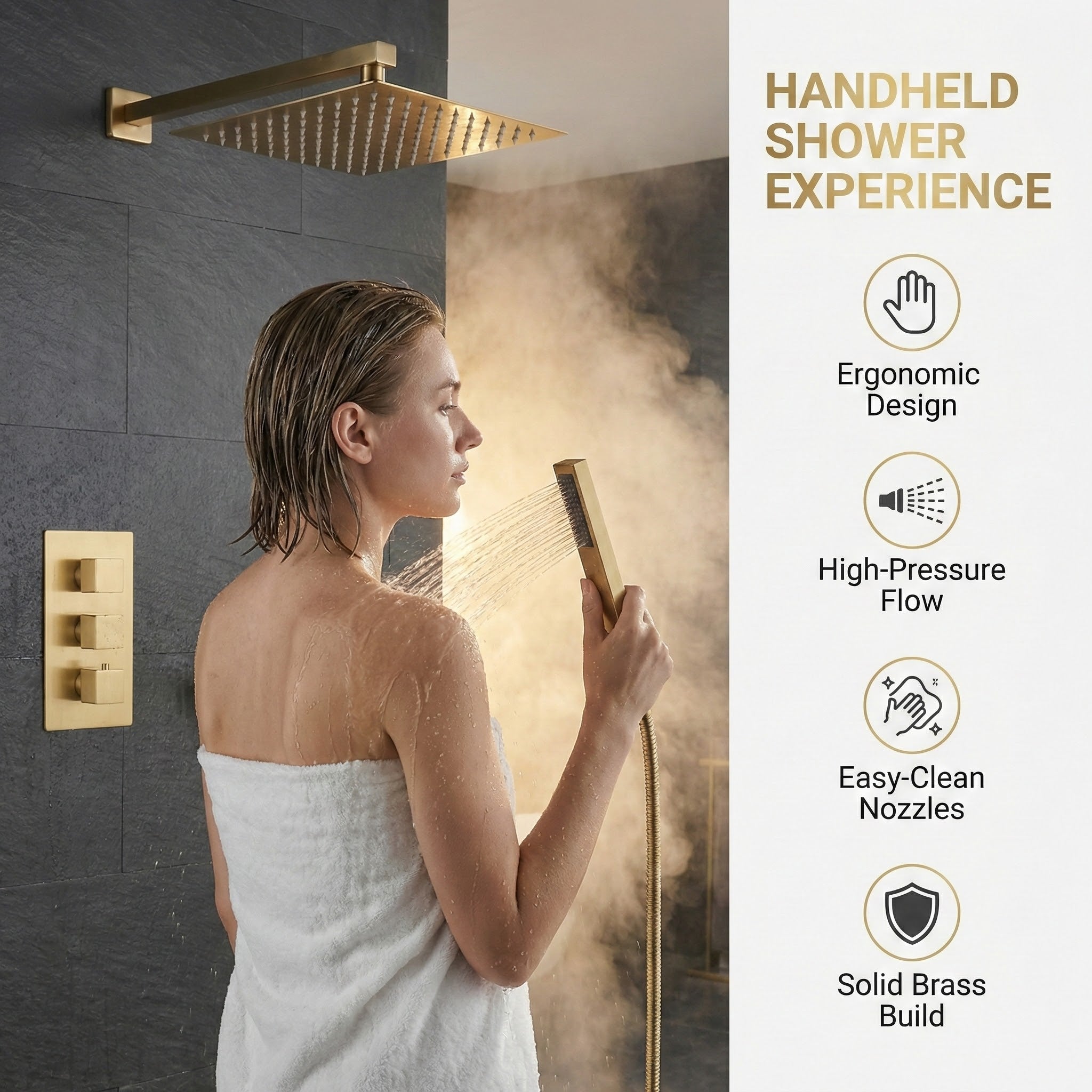 Square Concealed Thermostatic Shower Mixer 3 Dial Twin Head with Valve, Handset & Shower Waste – Brass