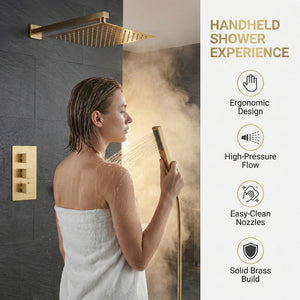 Square Concealed Thermostatic Shower Mixer 3 Dial Twin Head with Valve, Handset & Shower Waste – Brass