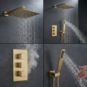 Square Concealed Thermostatic Shower Mixer 3 Dial Twin Head with Valve, Handset & Shower Waste – Brass