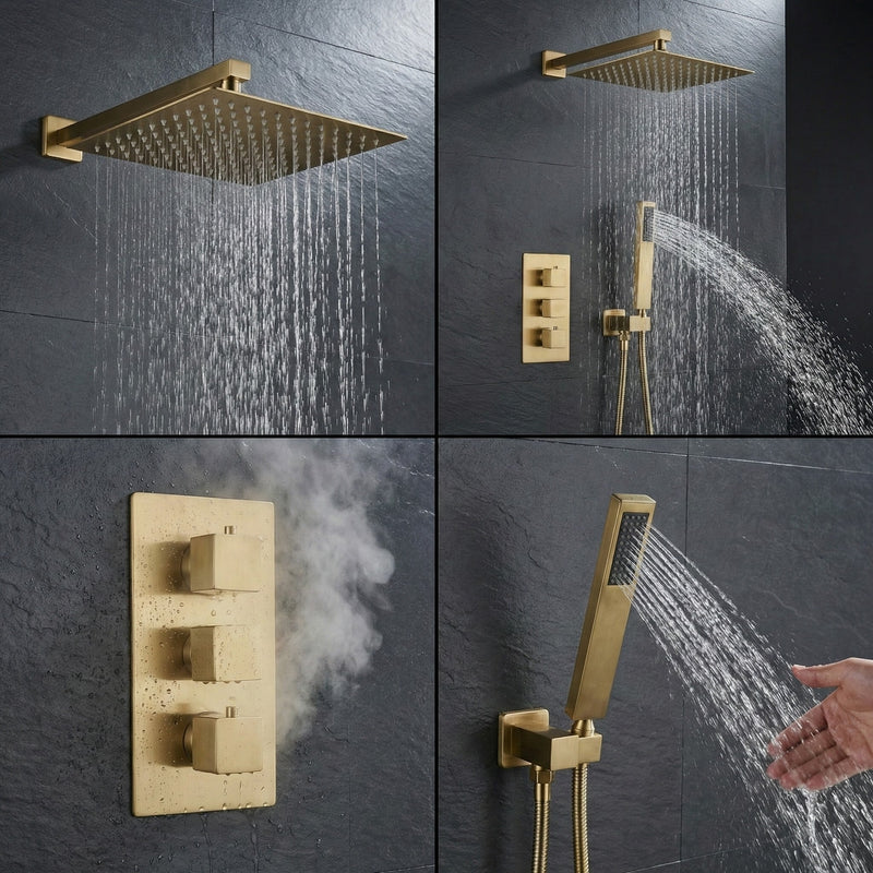 Square Concealed Thermostatic Shower Mixer 3 Dial Twin Head with Valve, Handset & Shower Waste – Brass