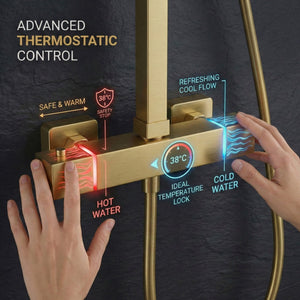 Bathroom Square Thermostatic Mixer Shower with Riser Rail, Shower Waste & Twin head - Brass