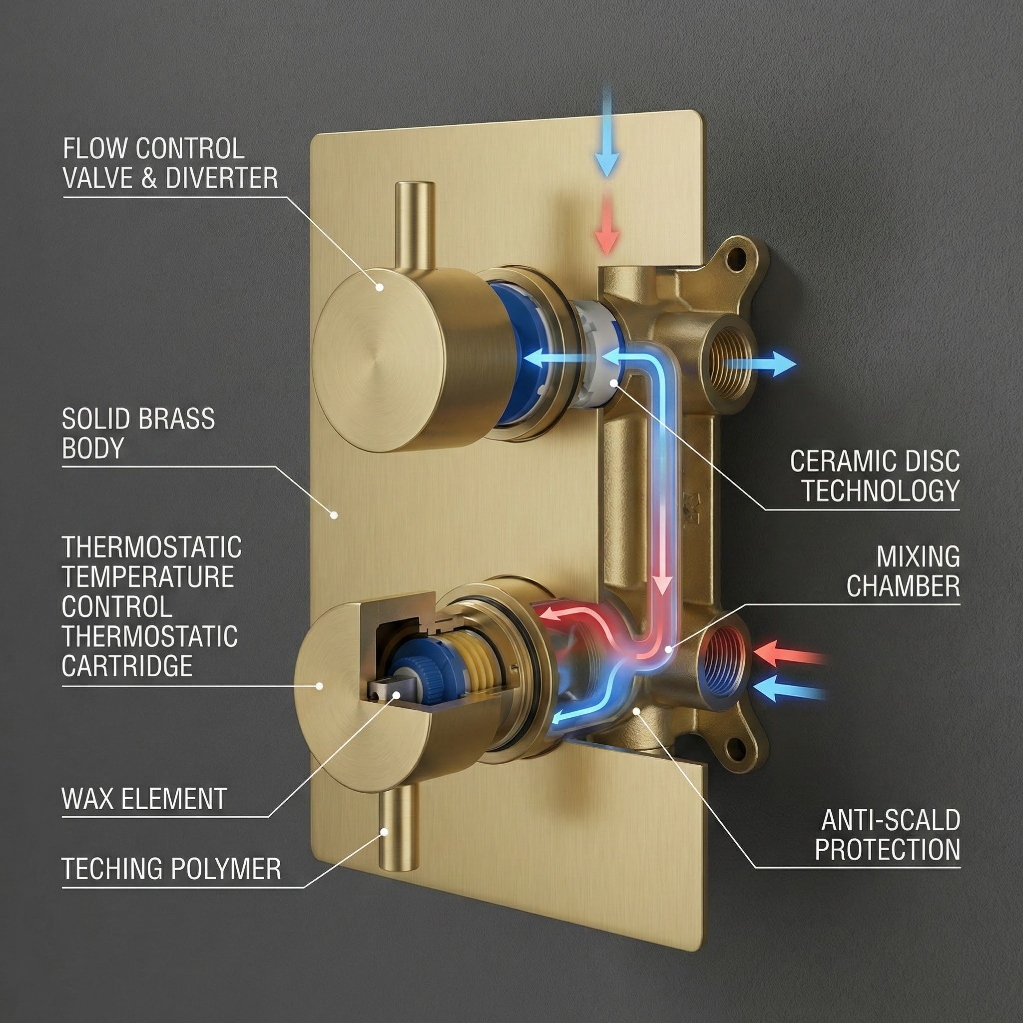 Round Concealed Thermostatic Shower Mixer 2 Dial Twin Head with Valve, Handset & Shower Waste – Brass