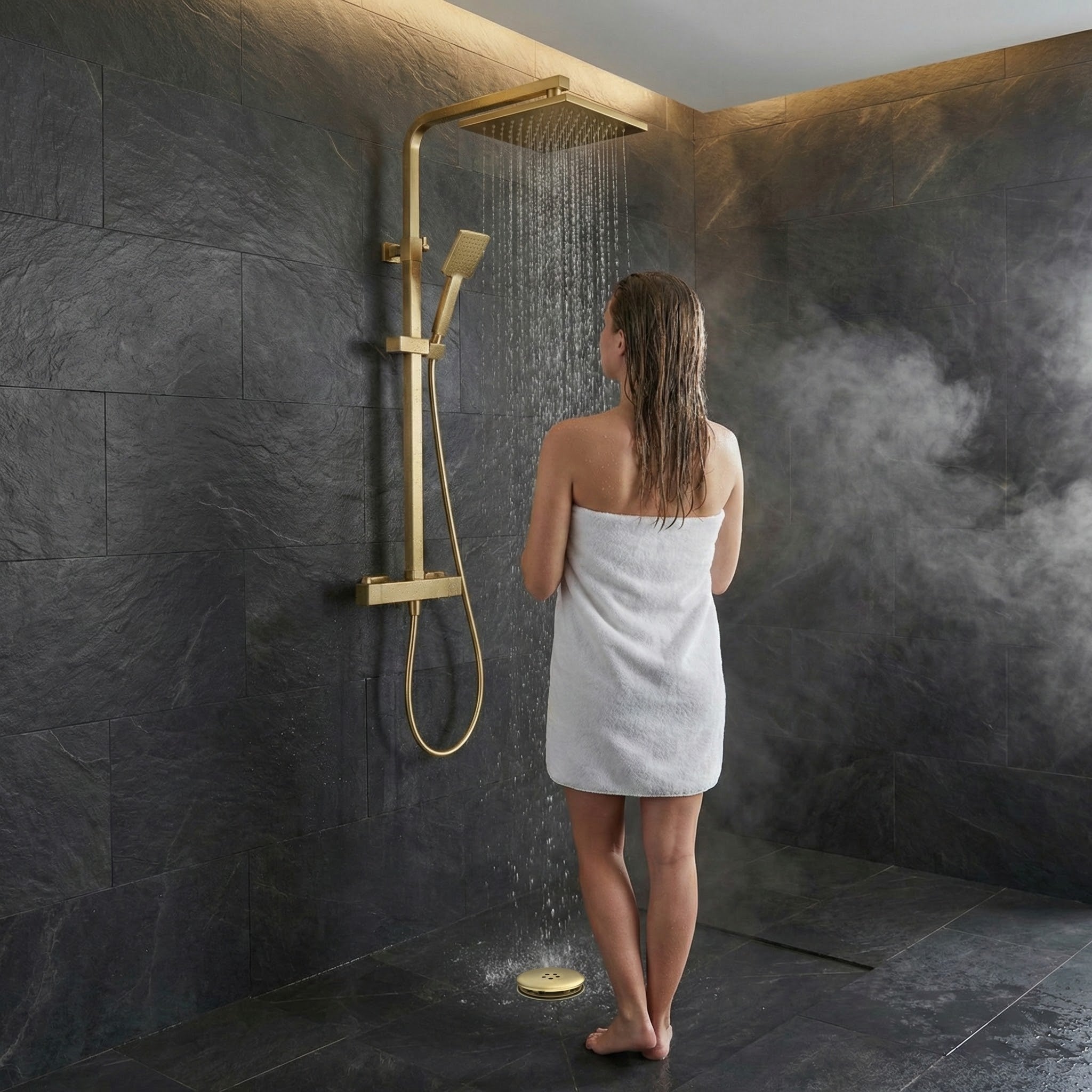 Bathroom Square Thermostatic Mixer Shower with Riser Rail, Shower Waste & Twin head - Brass