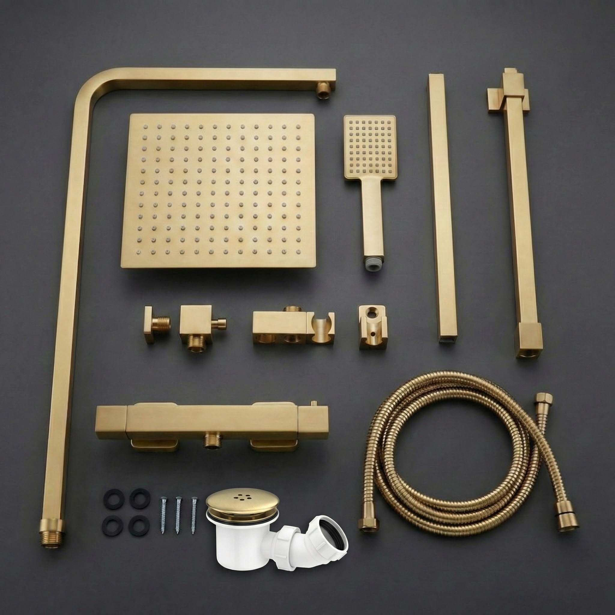 Bathroom Square Thermostatic Mixer Shower with Riser Rail, Shower Waste & Twin head - Brass