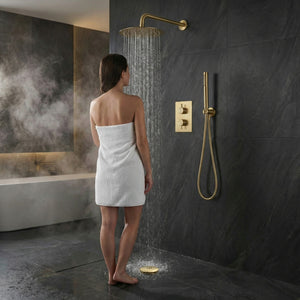 Round Concealed Thermostatic Shower Mixer 2 Dial Twin Head with Valve, Handset & Shower Waste – Brass