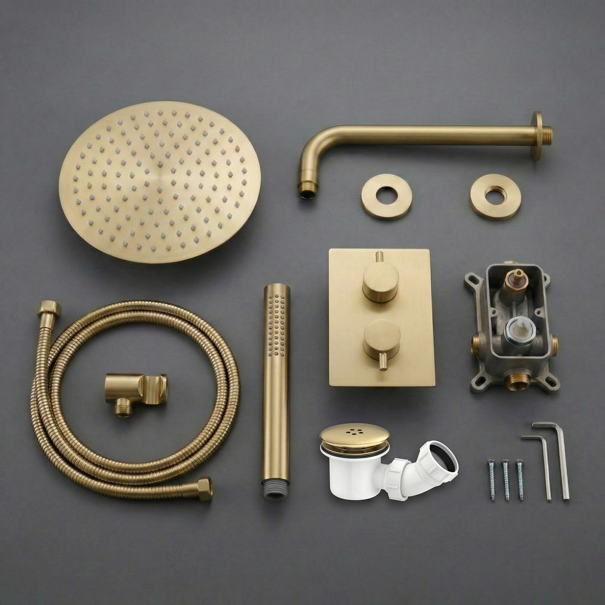 Round Concealed Thermostatic Shower Mixer 2 Dial Twin Head with Valve, Handset & Shower Waste – Brass