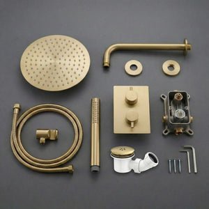 Round Concealed Thermostatic Shower Mixer 2 Dial Twin Head with Valve, Handset & Shower Waste – Brass