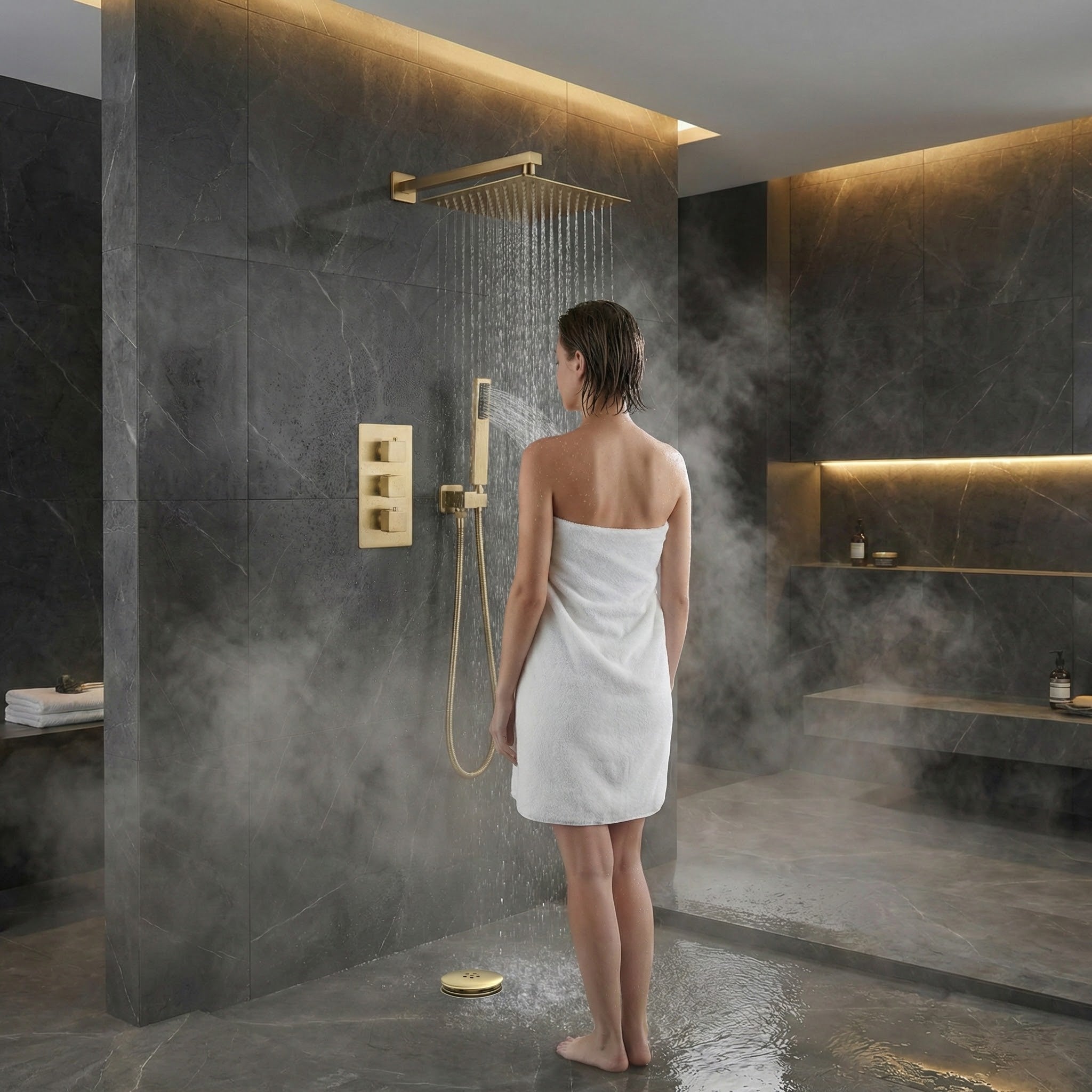 Square Concealed Thermostatic Shower Mixer 3 Dial Twin Head with Valve, Handset & Shower Waste – Brass