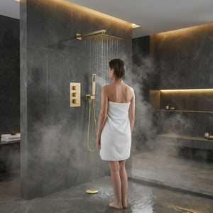 Square Concealed Thermostatic Shower Mixer 3 Dial Twin Head with Valve, Handset & Shower Waste – Brass