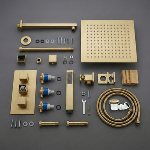 Square Concealed Thermostatic Shower Mixer 3 Dial Twin Head with Valve, Handset & Shower Waste – Brass