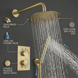 Round Concealed Thermostatic Shower Mixer 2 Dial Twin Head with Valve, Handset & Shower Waste – Brass