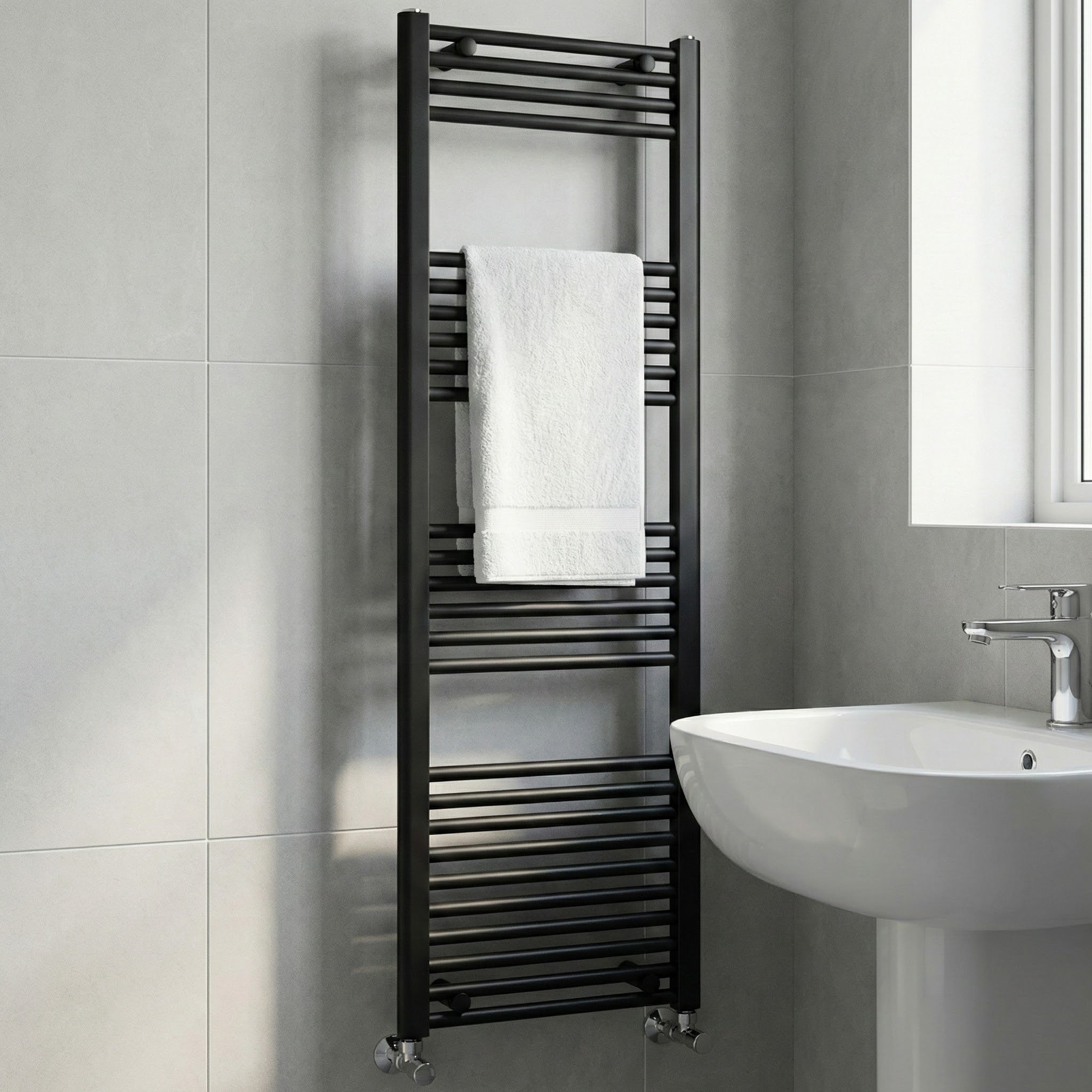 Heated Towel Rail – Matt Black – 500 x 1600mm – Straight Bars