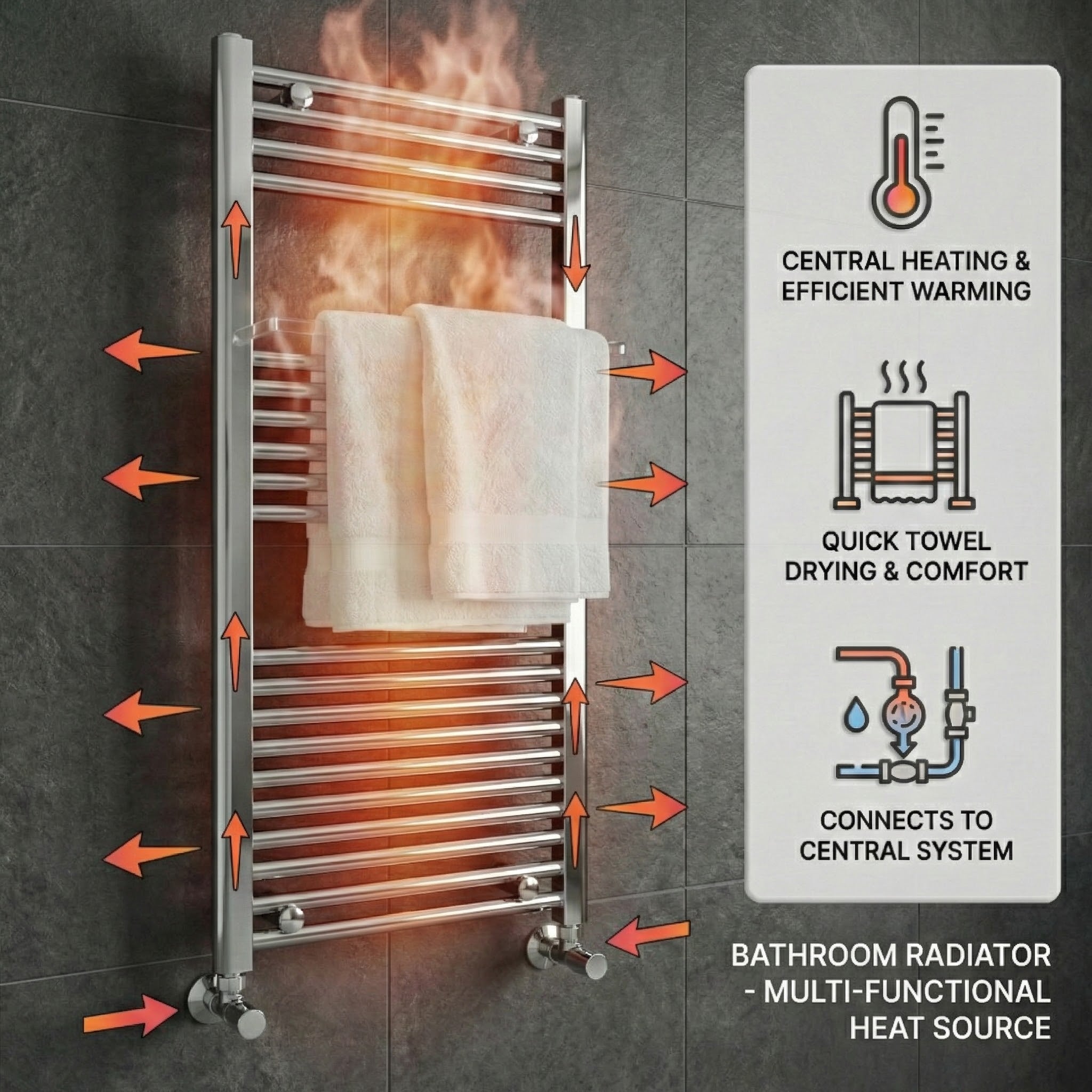 Heated Towel Rail – 500 x 1200mm – Straight Bars – Chrome