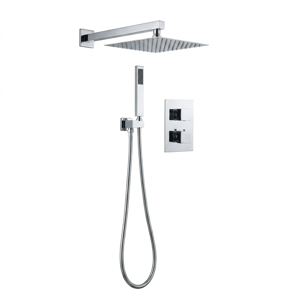 2-Way Square Concealed Thermostatic Mixer Shower Dual Dial, Twin Head – Chrome
