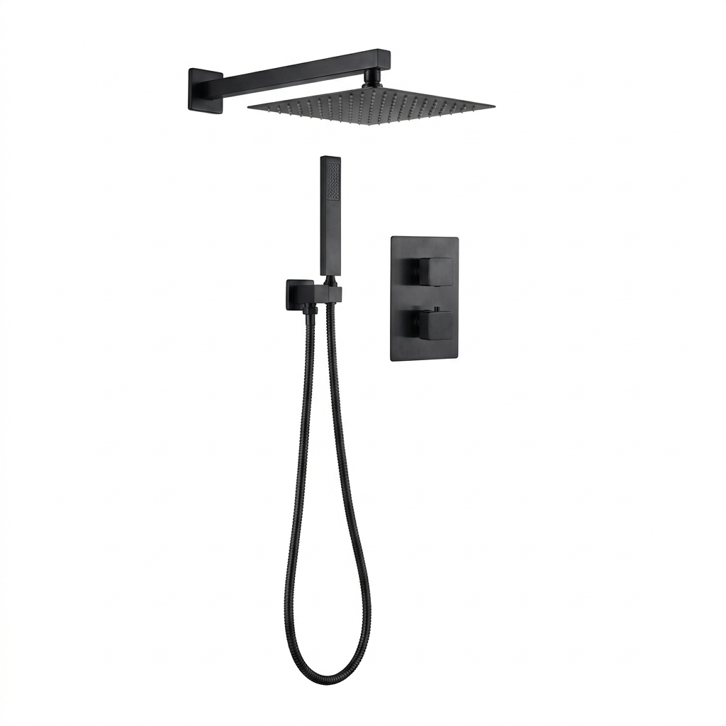 2-Way Square Concealed Thermostatic Mixer Shower Dual Dial, Twin Head – Black