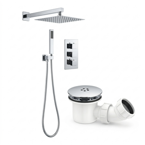 Square Concealed Thermostatic Shower Mixer 3 Dial Twin Head with Valve, Handset & Shower Waste – Chrome