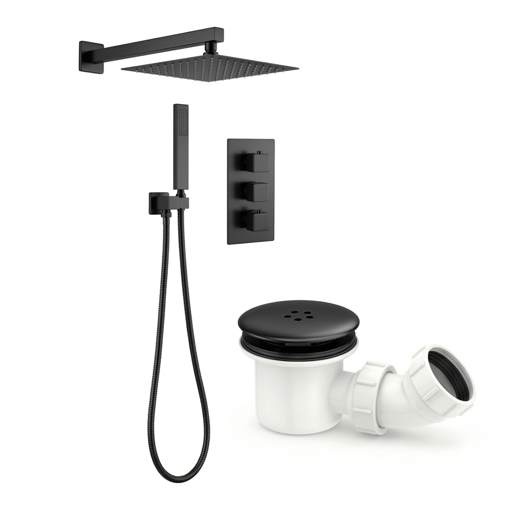 Square Concealed Thermostatic Shower Mixer 3 Dial Twin Head with Valve, Handset & Shower Waste – Black