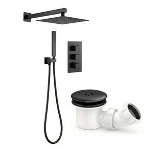 Square Concealed Thermostatic Shower Mixer 3 Dial Twin Head with Valve, Handset & Shower Waste – Black