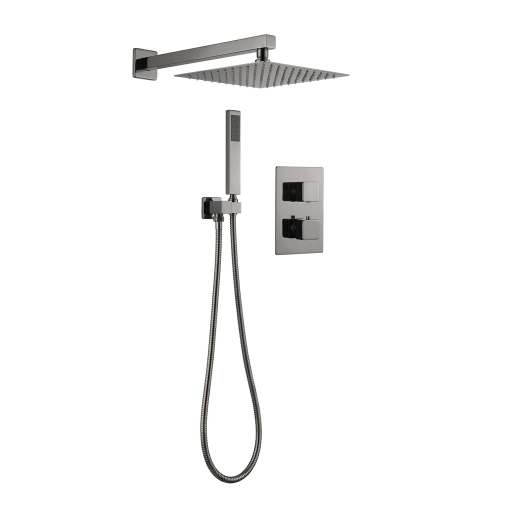 2-Way Square Concealed Thermostatic Mixer Shower Dual Dial, Twin Head – Gunmetal