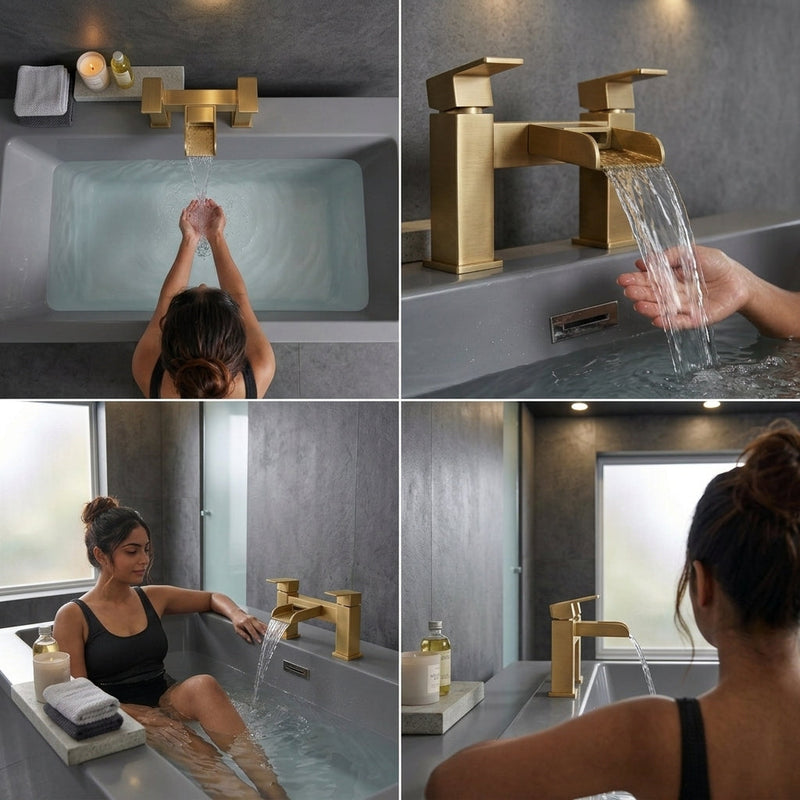 Waterfall Modern Bath Filler Taps – Brushed Brass