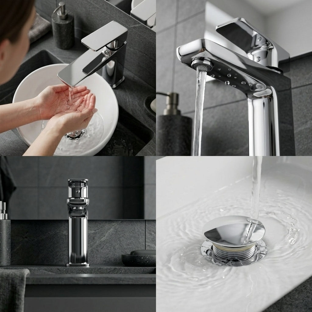 Square Basin Mixer Tap, Chrome – Stylish Bathroom Sink Faucet with Single Lever