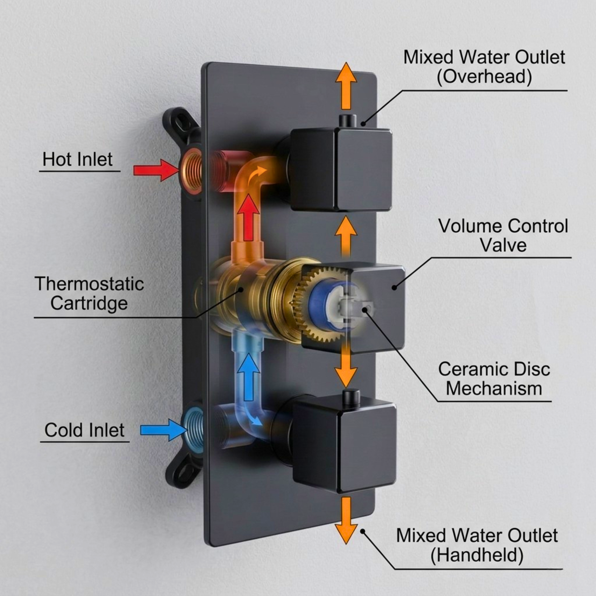 Square Concealed Thermostatic Shower Mixer 3 Dial Twin Head with Valve, Handset & Shower Waste – Black