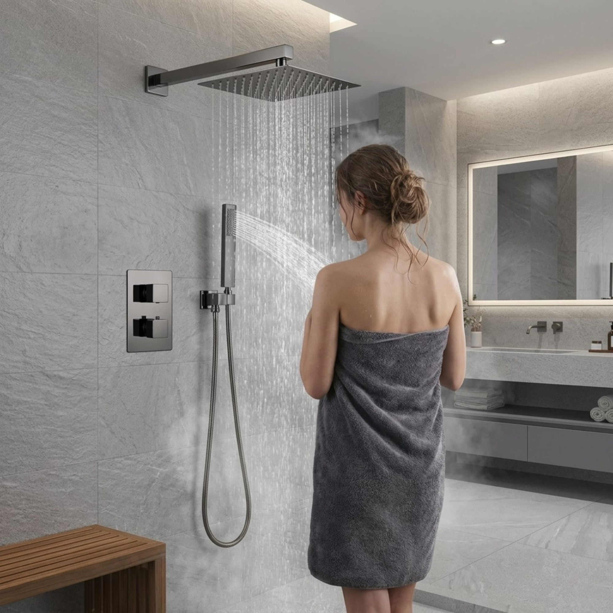 2-Way Square Concealed Thermostatic Mixer Shower Dual Dial, Twin Head – Gunmetal