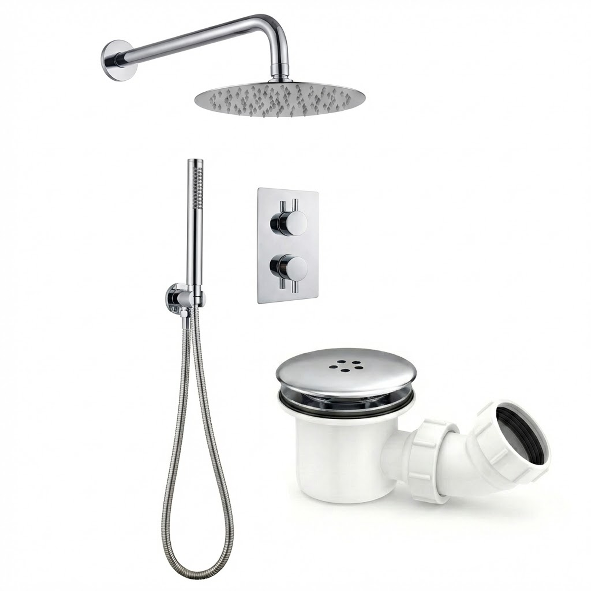 Round Concealed Thermostatic Shower Mixer 2 Dial Twin Head with Valve, Handset & Shower Waste – Chrome
