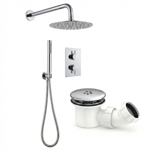 Round Concealed Thermostatic Shower Mixer 2 Dial Twin Head with Valve, Handset & Shower Waste – Chrome