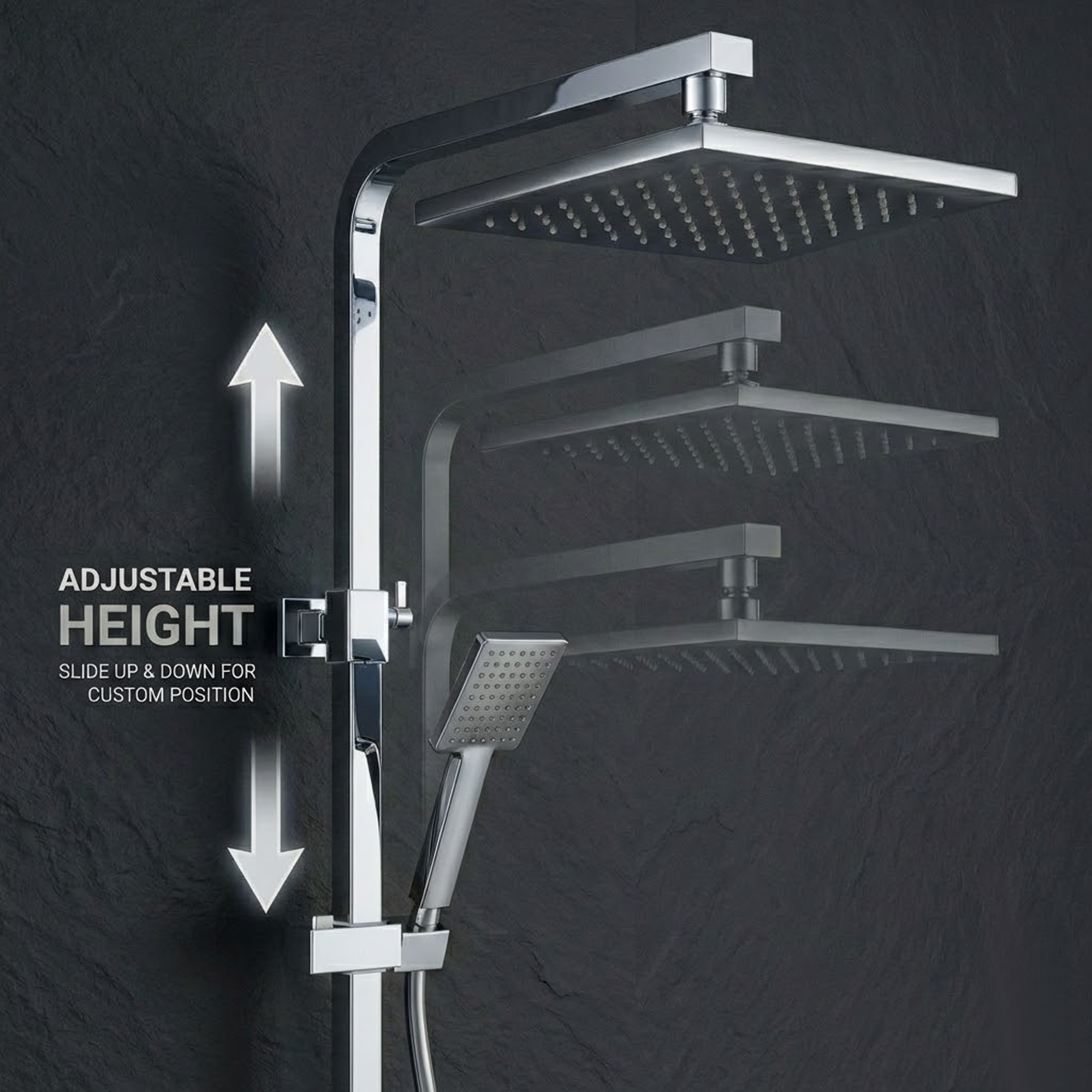 ARKO Bathroom Square Thermostatic Mixer Shower with Riser Rail, Shower Waste & Twin head - Chrome