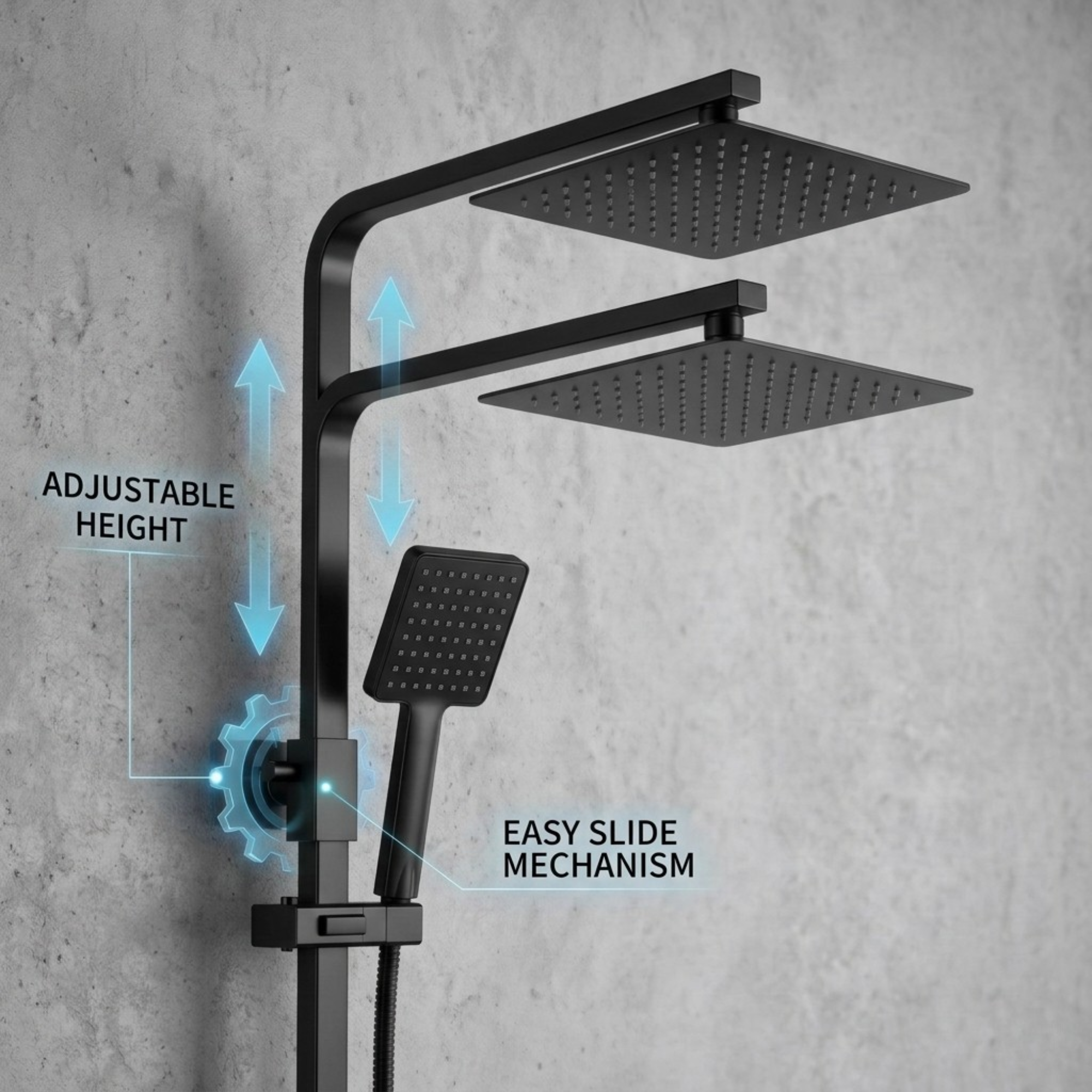 Modern Square Thermostatic Shower  with Filler – Matte Black