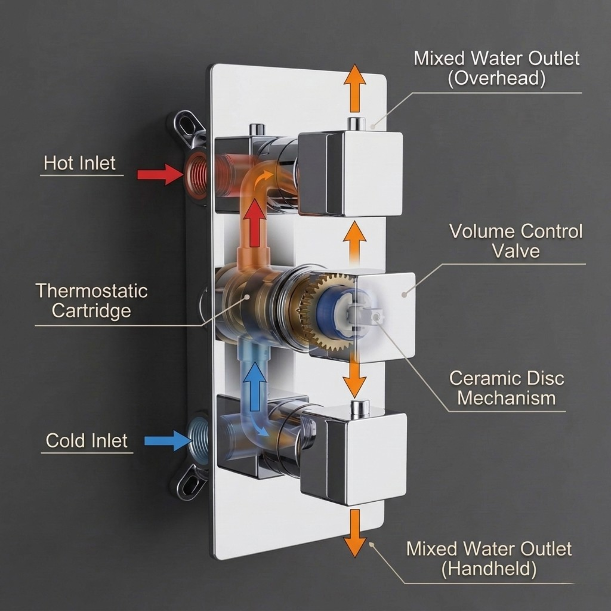 Square Concealed Thermostatic Shower Mixer 3 Dial Twin Head with Valve, Handset & Shower Waste – Chrome