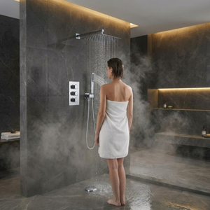 Square Concealed Thermostatic Shower Mixer 3 Dial Twin Head with Valve, Handset & Shower Waste – Chrome