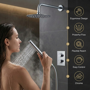 Round Concealed Thermostatic Shower Mixer 2 Dial Twin Head with Valve, Handset & Shower Waste – Chrome