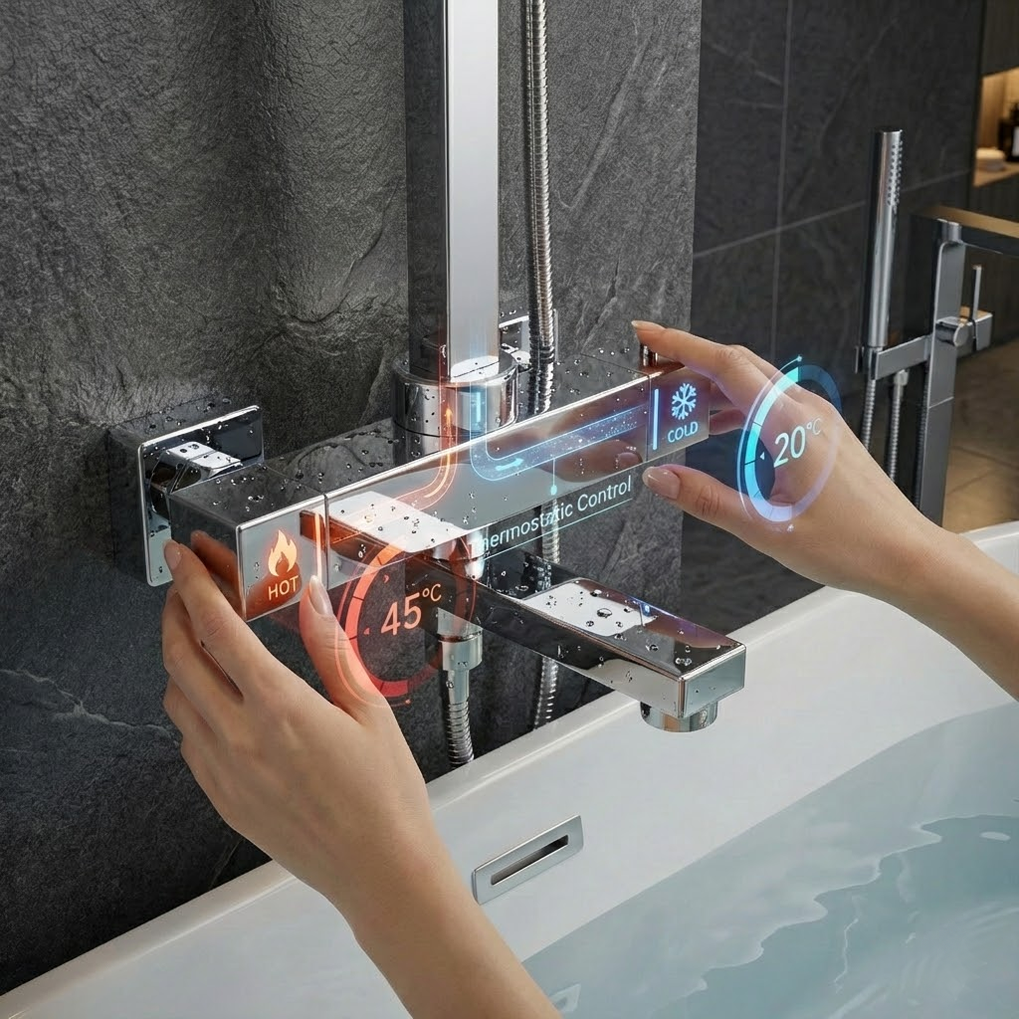 Modern Square Thermostatic Shower  with Filler – Chrome