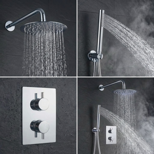 Round Concealed Thermostatic Shower Mixer 2 Dial Twin Head with Valve, Handset & Shower Waste – Chrome
