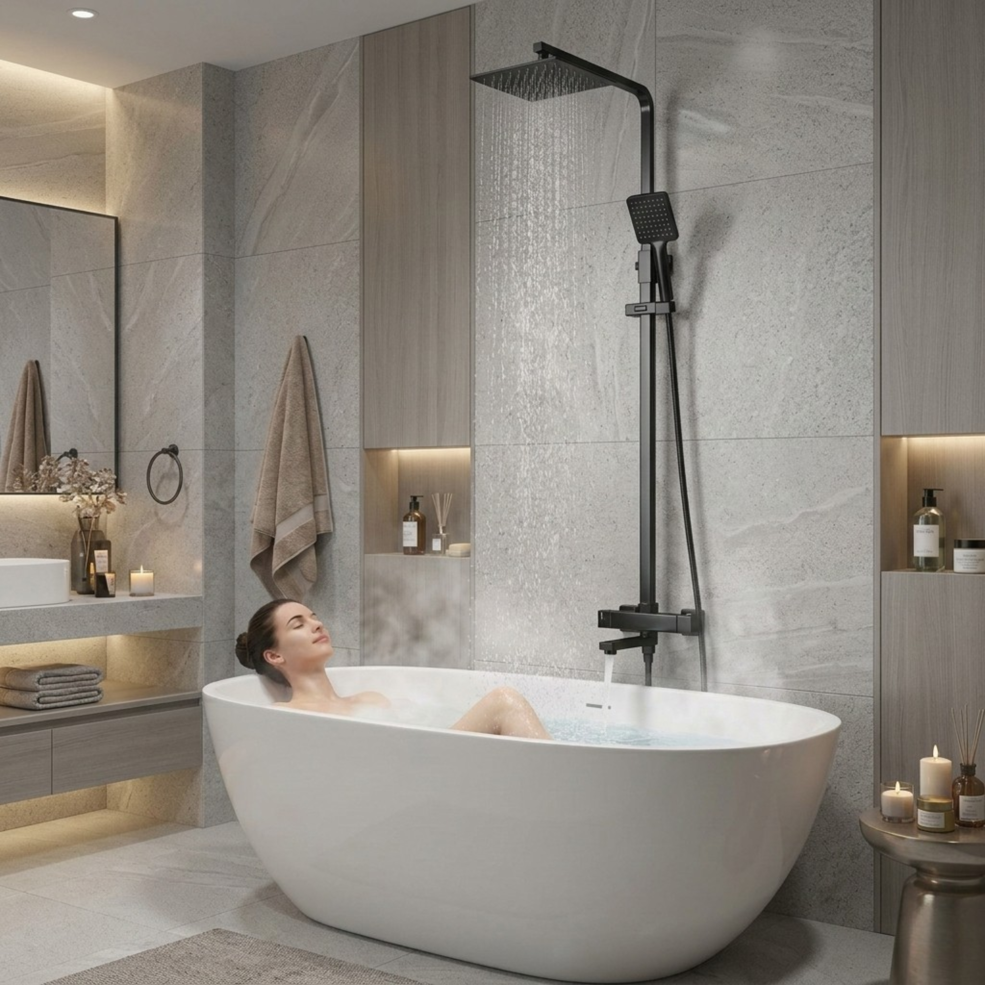 Modern Square Thermostatic Shower  with Filler – Matte Black