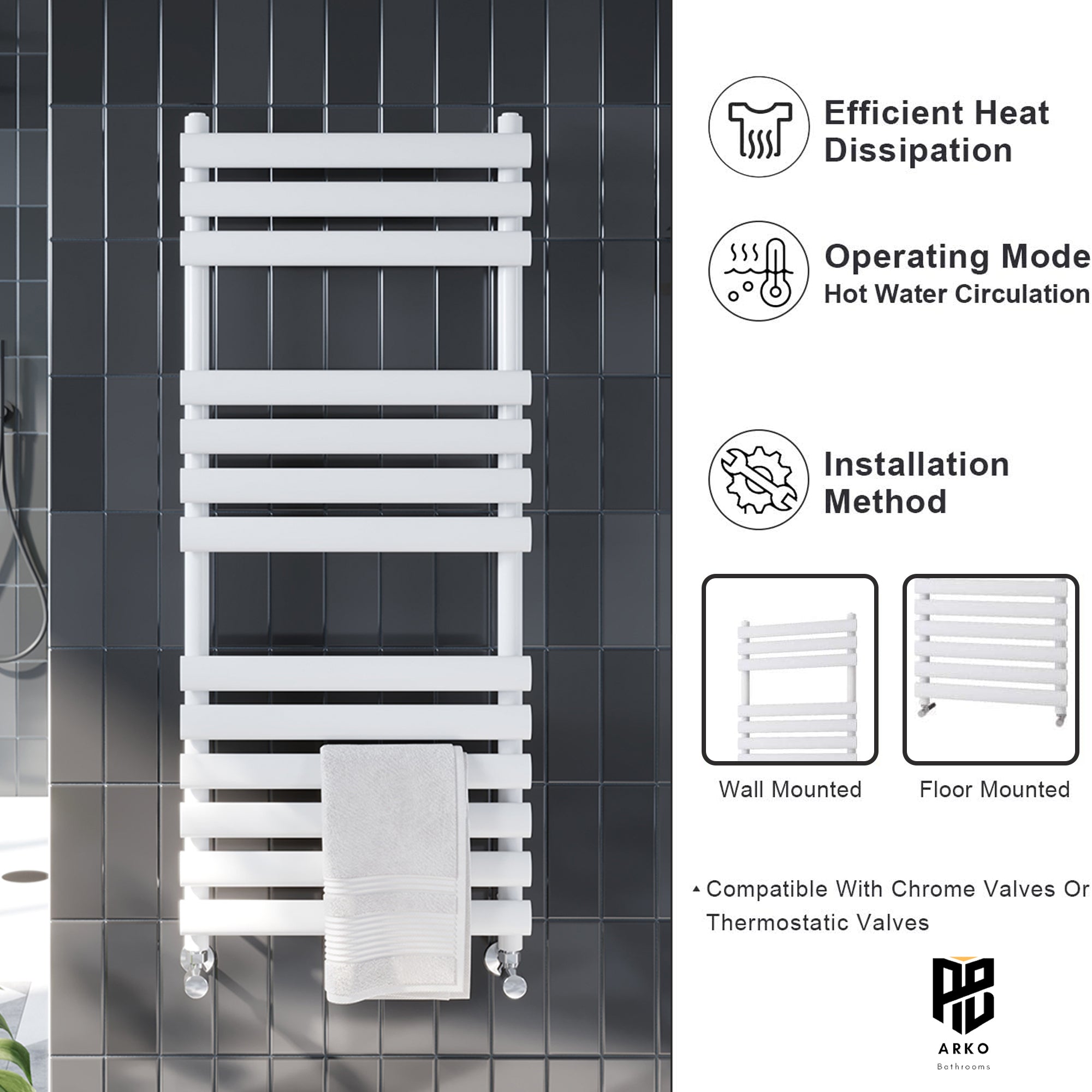 Arko Heated Towel Rail – 500 x 800mm – Straight Bars –White