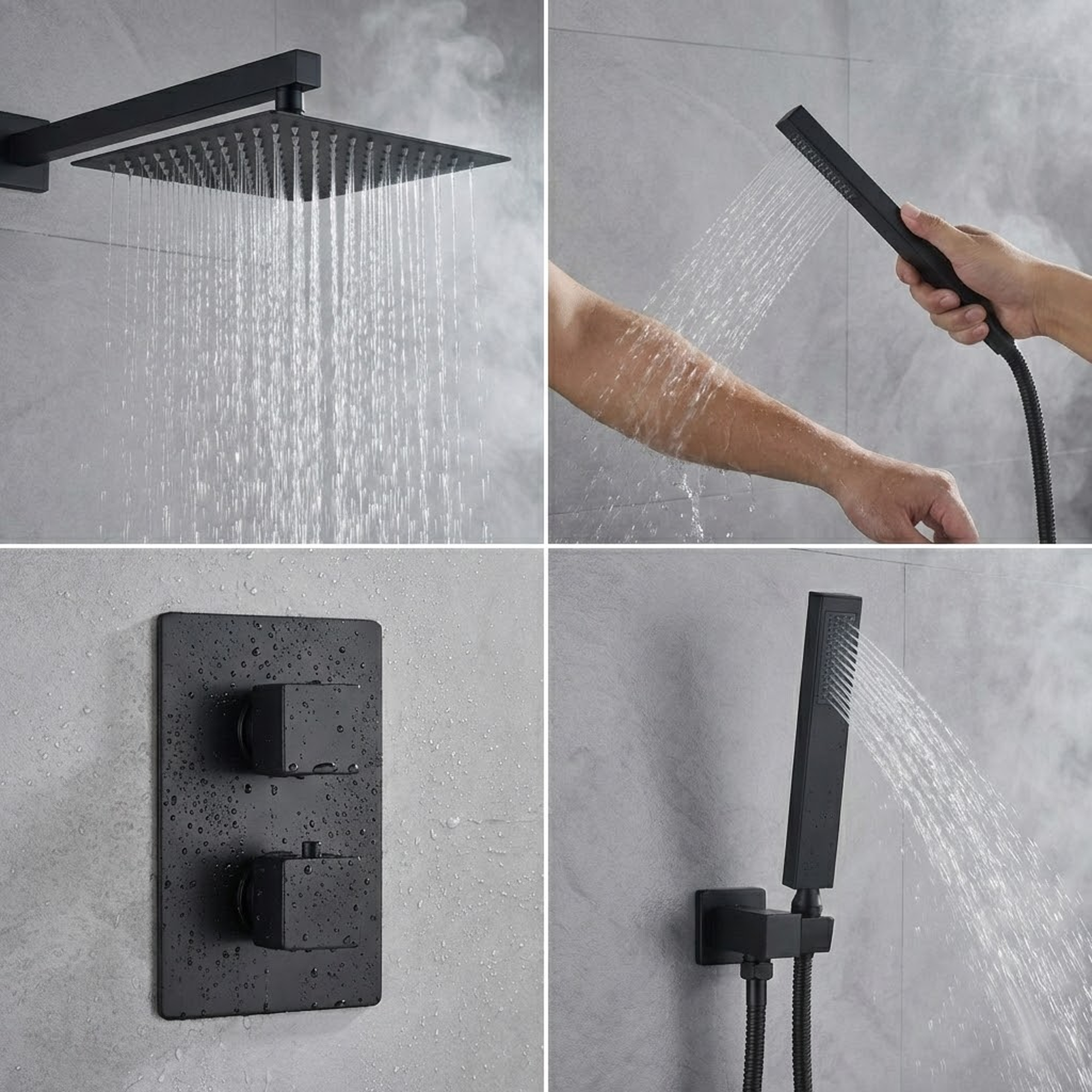 2-Way Square Concealed Thermostatic Mixer Shower Dual Dial, Twin Head – Black