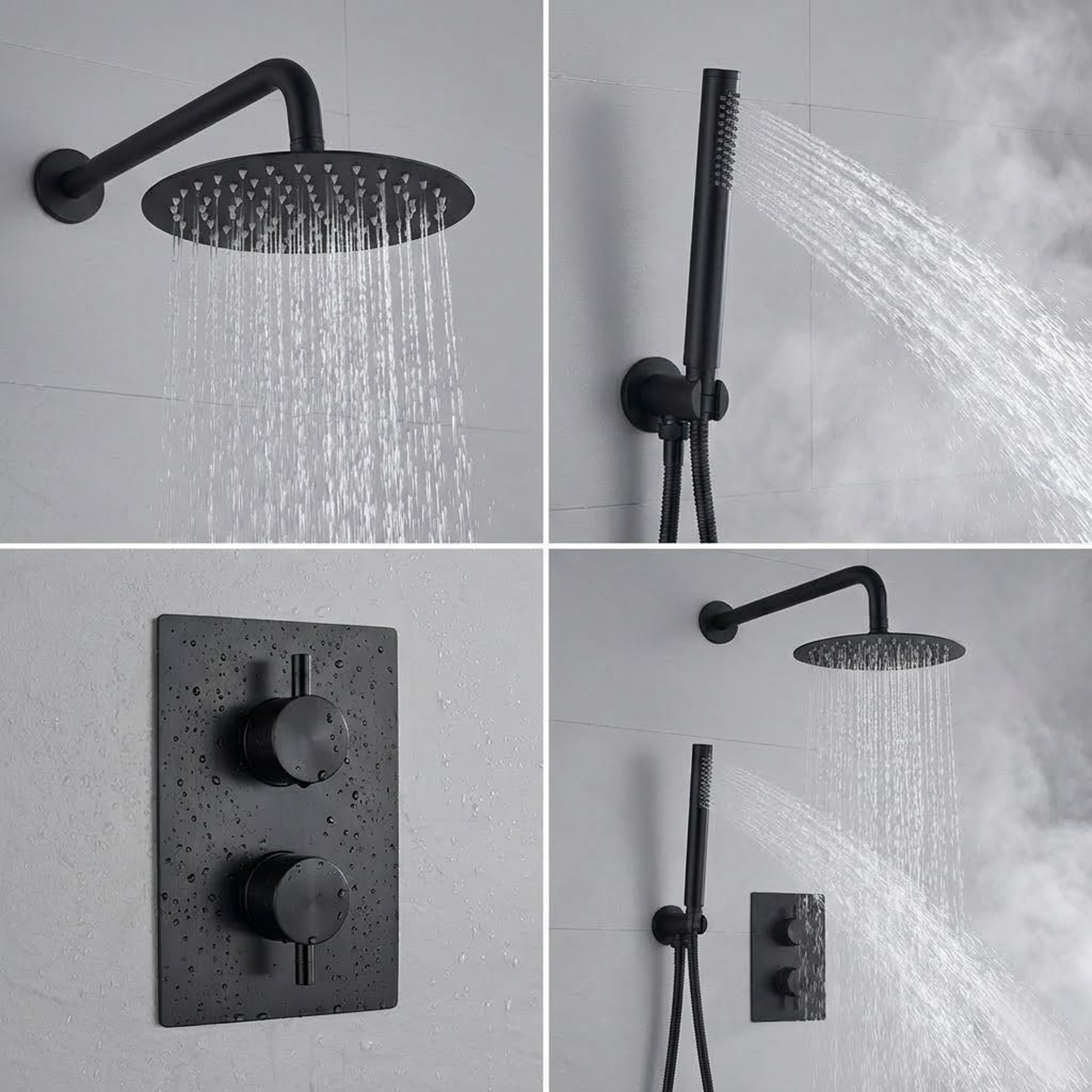 ARKO Round Concealed Thermostatic Shower Mixer 2 Dial Twin Head with Valve, Handset & Shower Waste – Black