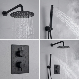 ARKO Round Concealed Thermostatic Shower Mixer 2 Dial Twin Head with Valve, Handset & Shower Waste – Black