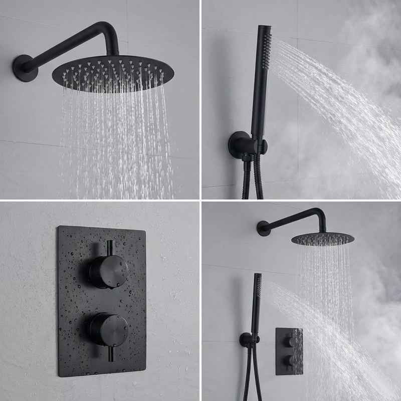 ARKO Round Concealed Thermostatic Shower Mixer 2 Dial Twin Head with Valve, Handset & Shower Waste – Black